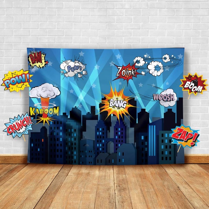 Glittery Garden Superheroes Theme Party Photography Backdrop with Props. Super Hero Cityscape Photo Booth Background for Kids Party, Birthday Wall Decorations - Image 1